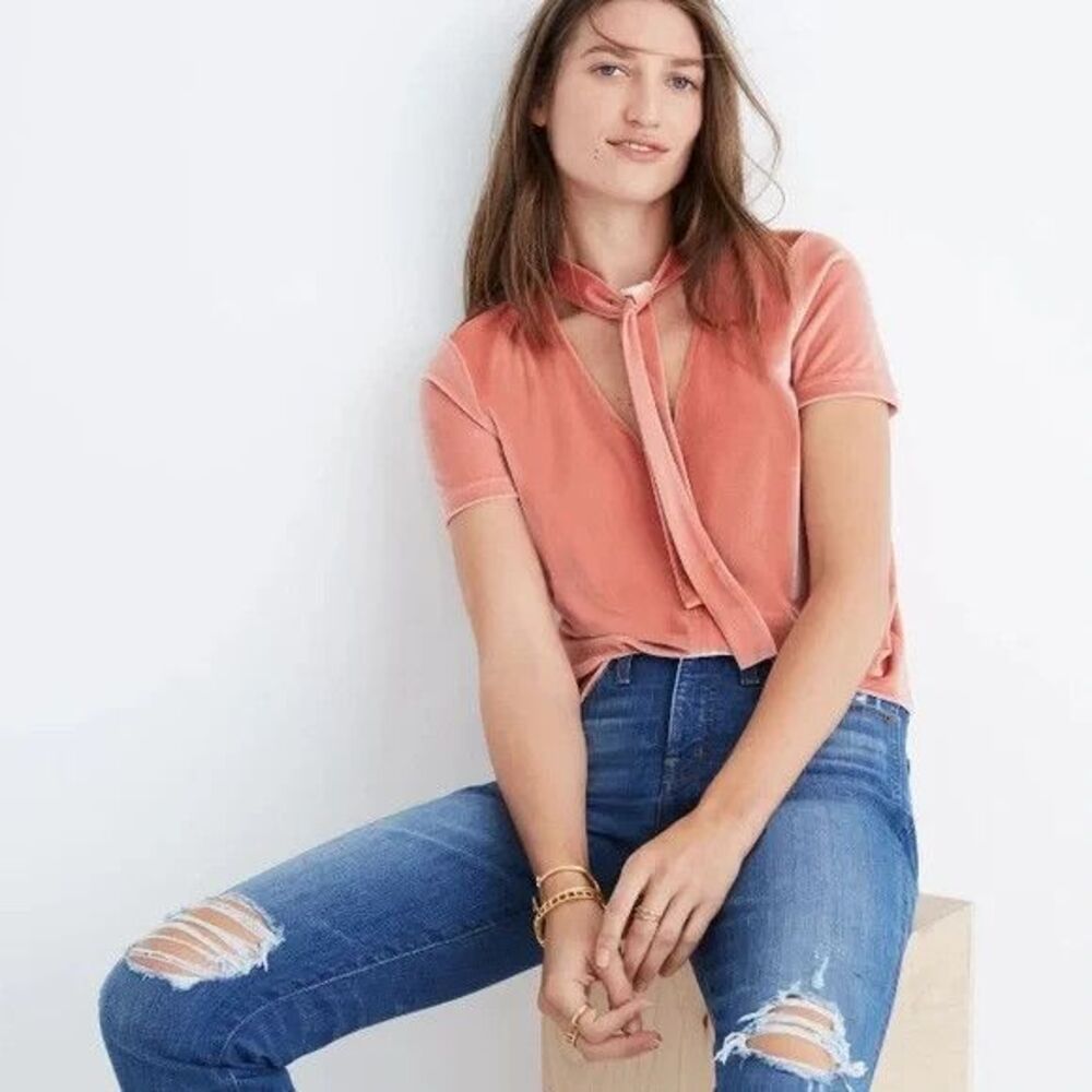 Madewell Velvet Tie Neck Top Women M Peachy Coral Pink Preppy Romantic - Picture 2 of 9